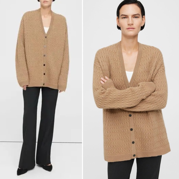 Theory Long Cable Knit Cardigan Sweater Large Camel Brown Wool Cashmere Minimal - Picture 3 of 11